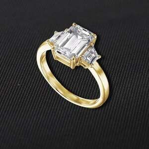 2 Ct Moissanite Engagement Ring Three Stone Emerald Cut 18k Gold Plated 8 NWT